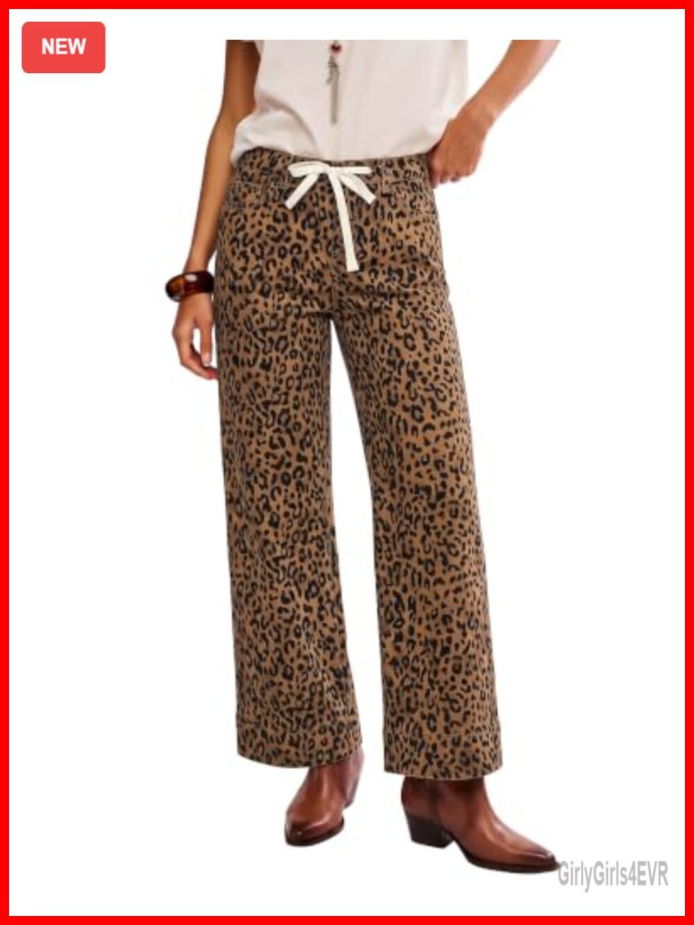 Wide Leg High Waisted Stretch Denim Jeans Drawstring Animal Print